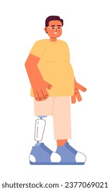 Overweight man with prosthetic leg 2D cartoon character. Happy eyeglasses man with artificial leg isolated vector person white background. Disabled adult guy standing color flat spot illustration