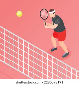 Overweight man with racket playing tennis isometric background vector illustration