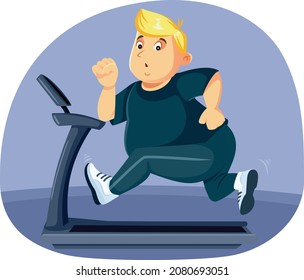 Overweight Man Running on a Treadmill Vector Cartoon Illustration. Young person with large build trying to lose excess weight with cardio indoors exercise
