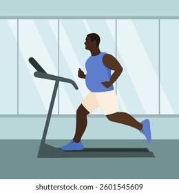 An overweight man runs on a treadmill in the gym.