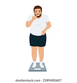 Overweight Man Shocked by Scale Reading. Man standing on a weighing scale with a shocked expression. Flat vector illustration isolated on white background