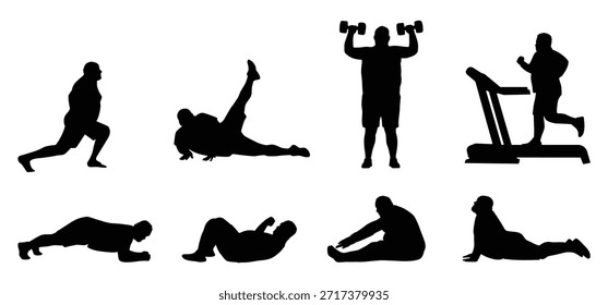 Overweight man silhouette exercising set