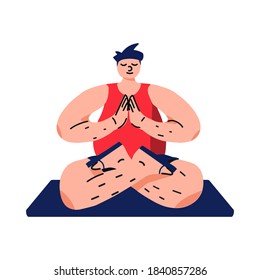 Overweight man sitting in lotus pose practicing yoga. Healthy lifestyle, mindfulness, weight loss concept. Flat hand drawn vector illustration. Male person doing physical exercise.
