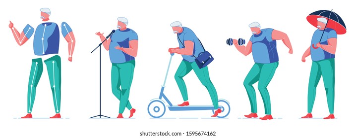 Overweight Man Spending Time with Different Activities Flat Cartoon Vector Illustration. Character Singing Song in Microphone, Roding Scooter with Case, Exercising with Dumbbells, Holding Umbrella.