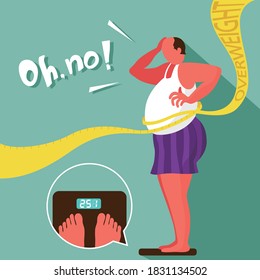 An overweight man is standing on a scale and is shocked with his heavy weight. His belly is measured with a tapeline.