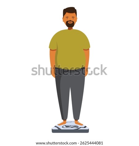 Overweight man is standing on a weighing scale, potentially concerned about his weight and health
