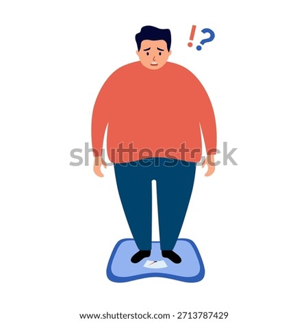 Overweight man standing on weight scale in flat design on white background. Weight gain anxiety.