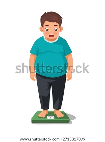 Overweight man standing on weight scale surprised with his weight gain