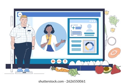 Overweight man stands on a scale during an online consultation with a nutritionist, shown on a screen with healthy food and data charts. Vector illustration