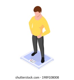 An overweight man stands on the scales. Concept of obesity problem and health care. Vector illustration in isometric style. Isolated on white background.