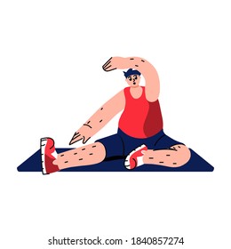 Overweight man stretching or practicing yoga. Healthy lifestyle, mindfulness, weight loss concept. Flat hand drawn vector illustration. Male person doing physical exercise.