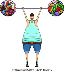 An overweight man, student goes in for sports. Fruits, vegetables, sweets. Stylized vector drawing on the theme of fitness, diet, overweight