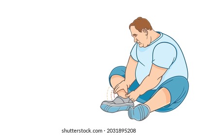 Overweight man suffering from ankle pain due to arthritis, rheumatoid or gout, obese people with health problems concept. Vector illustration, isolated on background.