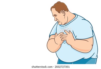 Overweight Man Suffering From Chest Pain, Heart Ache Or Heart Attack, Copy Space For Text, Obese People With Health Problems Concept. Vector Illustration, Isolated On Background.