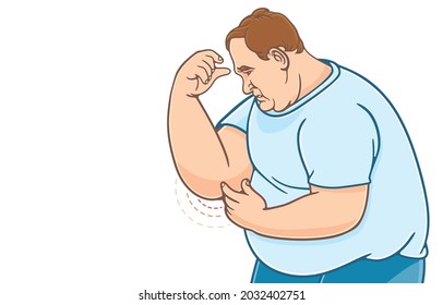 Overweight Man Suffering From Elbow Joint Pain, Golfer Elbow Or Office Syndrome, Copy Space For Text, Obese People With Health Problems Concept. Vector Illustration, Isolated On Background.