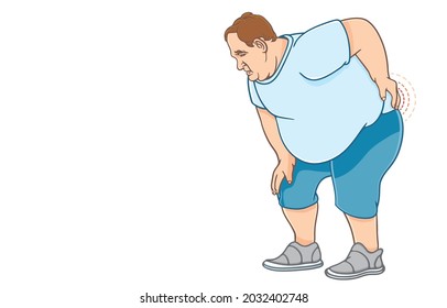 Overweight Man Suffering From Lower Back Pain When Standing Up Or Changing Their Posture, Office Syndrome, Copy Space, Obese People With Health Problems Concept. Vector Illustration On White.