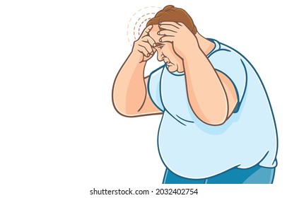 Overweight Man Suffering From Severe Headache, Stress From Health, Work Problems, Office Syndrome, Copy Space, Obese People With Health Problems Concept.Vector Illustration, Isolated On Background.