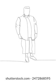 overweight man in summer clothes one line art. Continuous line drawing of body positive, overweight, plus size model, XL, health, fashion, self acceptance.