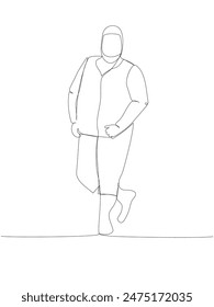 overweight man in summer clothes one line art. Continuous line drawing of body positive, overweight, plus size model, XL, health, fashion, self acceptance.