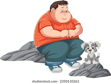 An overweight man is taken aback by a cute dog