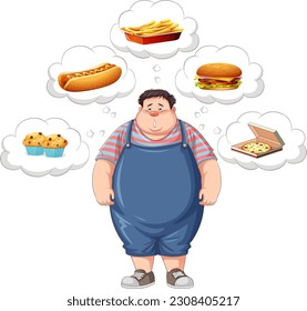 Hombre con sobrepeso pensando en la ilustración de la comida rápida