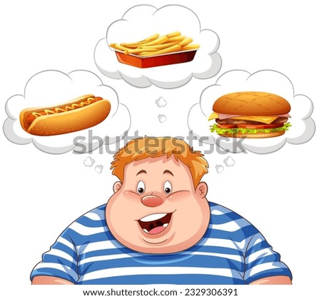 Overweight man thinking about fast food illustration