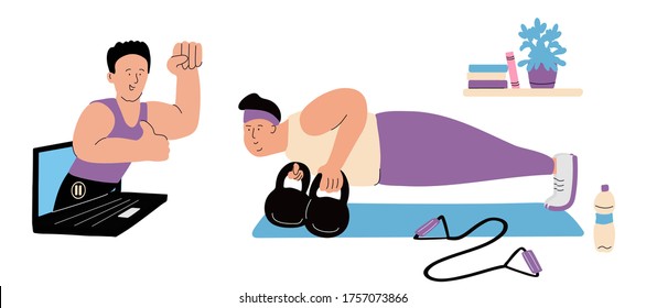 An overweight man training at home with his coach in a laptop. He doing push-ups using kettlebells. Online workout concept. Vector illustration isolated on white.