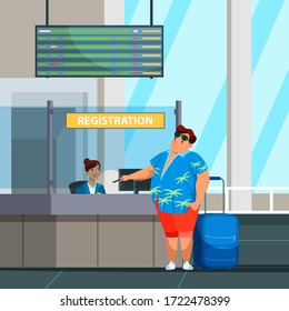 Overweight Man Traveler During Passport Check-in At Airport. Fat Tourist With Baggage At Registration Desk. Administrator Welcoming Passenger With Boarding Pass. Vacation And Travel Time