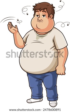 Overweight man trying to get rid of flies flying around his head vector illustration