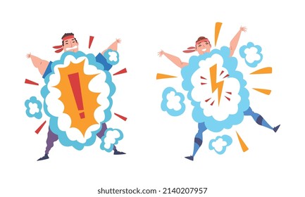 Overweight Man and Woman Character with Bang Cloud Getting Fit Vector Set