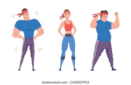 Overweight Man and Woman Character Getting Fit Achieving Goal Vector Set