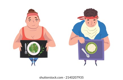 Overweight Man and Woman Character Having Healthy Diet with Tray and Greenery on Plate Vector Set