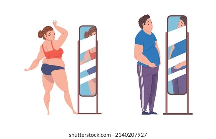 Overweight Man and Woman Character Looking in Mirror Vector Set