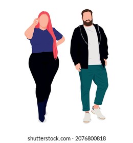 Overweight Man And Woman On White Background - Vector Illustration