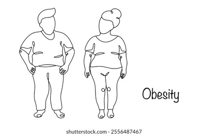 Overweight man and woman. The result of the formation of excessive fat deposits, which can be harmful to health. Illustration on the theme of unhealthy lifestyle. Vector illustration.