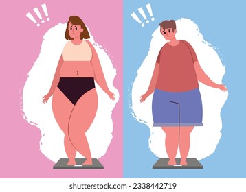 El hombre y la mujer con sobrepeso están a escala y sorprendidos desagradablemente, la gente obesa infeliz. Gente Chubby obesa con una dieta insalubre. Juego de caracteres de desgaste de Grasa. Colección vectorial plana de dibujos animados