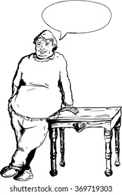 Overweight mature laughing European male leaning on table with hand next to word balloon