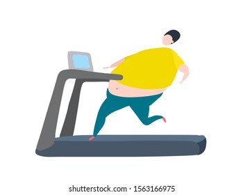 Overweight men running on a treadmill. Cartoon vector illustration about healthy lifestyle.