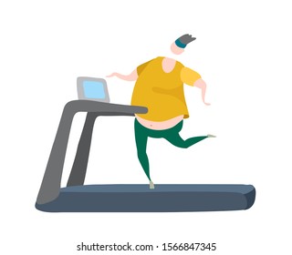 Overweight men running on a treadmill. Cartoon vector illustration about healthy lifestyle.