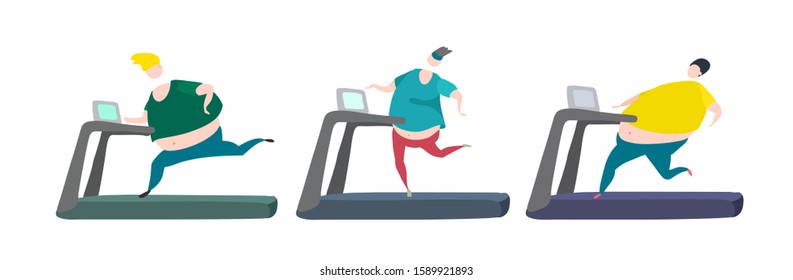 Overweight men running on a treadmill. Cartoon vector illustration about healthy lifestyle.