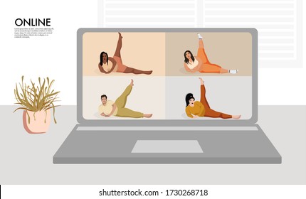 Overweight models making yoga. Curves Online remote  training, diverse character stay at home doing  fitness . Home gym  virtual lockdown activity.  Distance sport class cartoon character vector