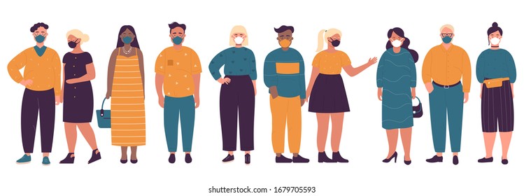 Overweight multiracial people set isolated. Men women wearing protection from coronavirus, covid 19, 2019-nCoV, urban air smog pollution, gas emission flat vector illustration.