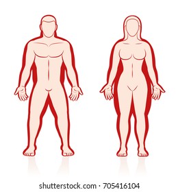 Overweight and normal weight in comparison, anterior view - male and female body added with red colored fat deposits - isolated vector illustration.