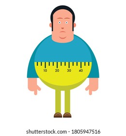 Overweight Or Obese Man With Large Pot Belly As Tape Measure Around Waist