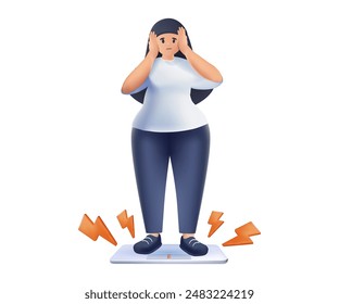 Overweight and Obese people concept 3D illustration. Fat obese sad woman standing on scales having weight problems feeling stressed vector illustration