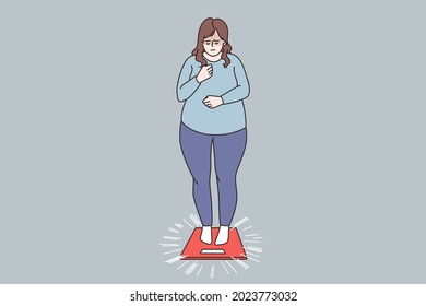 Overweight and Obese people concept. Fat obese sad woman standing on scales having weight problems feeling stressed vector illustration 