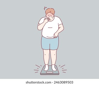 Overweight and Obese people concept. Fat obese sad man standing on scales having weight problems feeling stressed. Hand drawn style vector design illustrations.