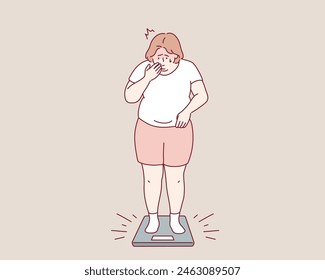 Overweight and Obese people concept. Fat obese sad woman standing on scales having weight problems feeling stressed. Hand drawn style vector design illustrations.