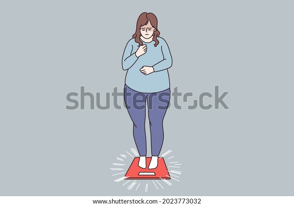 Overweight and Obese people concept. Fat obese sad woman\
standing on scales having weight problems feeling stressed vector\
illustration 