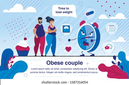 Overweight and Obesity Health Problems Trendy Flat Vector Banner, Poster Template. Obese Couple Suffering from Overweight, Scared of Heart, Vascular Diseases Causes, Wants to Lose Weight Illustration